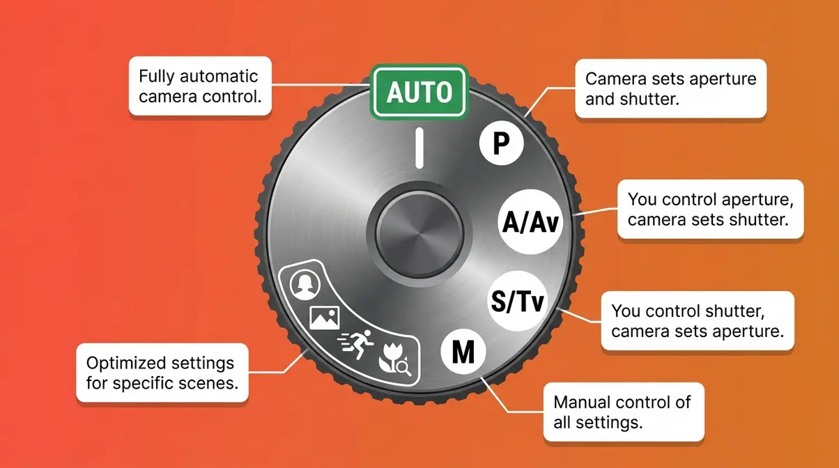 Camera modes explained mode dial infographic showing PASM Auto and Scene positions labeled