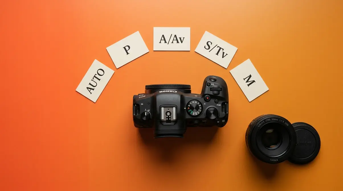 Five core camera modes PASM overview flat lay with mode label cards around DSLR body