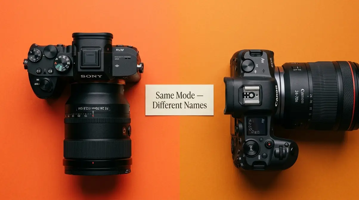 Modern mirrorless cameras Sony and Canon showing A and Av mode dial labels side by side