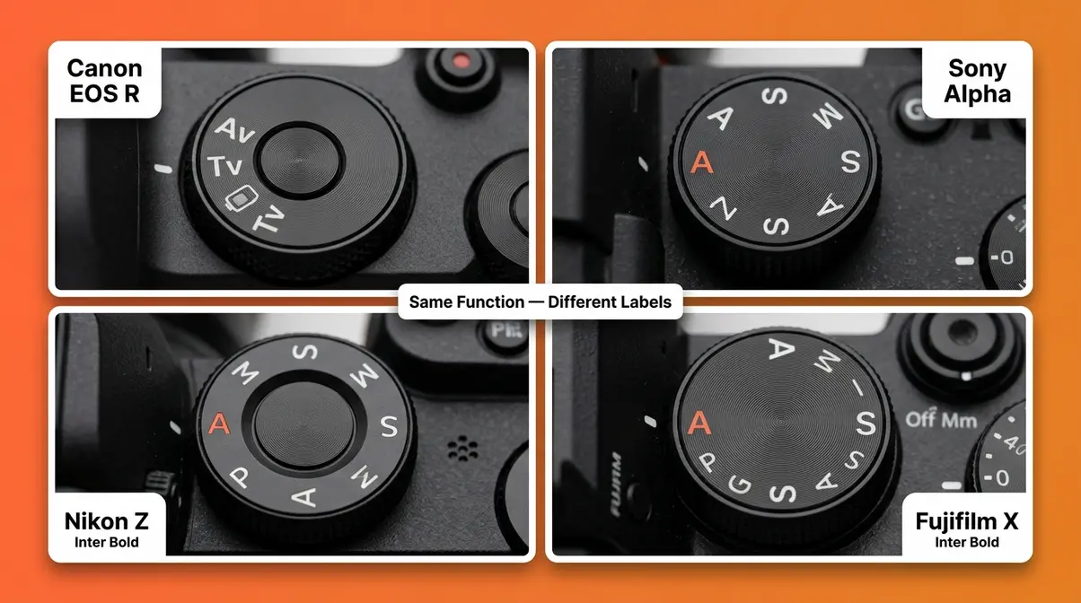 Camera mode dial brand comparison Canon Av Tv versus Sony Nikon Fujifilm A S labels four cameras