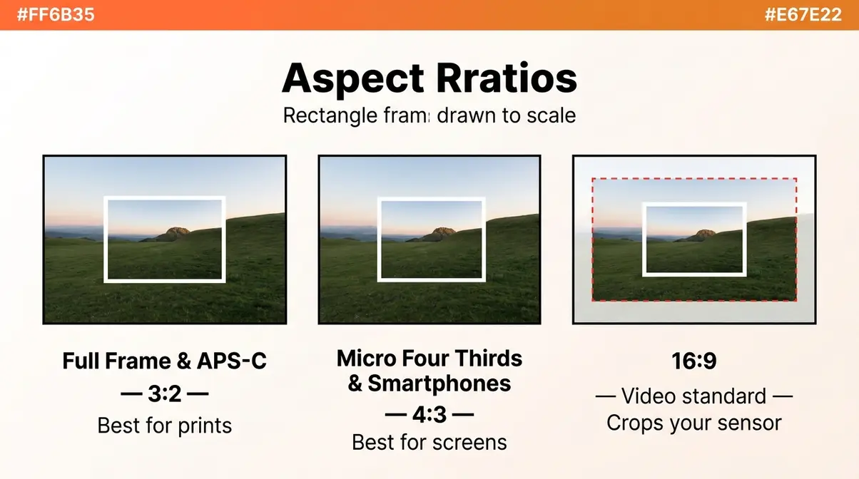 Camera aspect ratio comparison showing 3:2 Full Frame, 4:3 Micro Four Thirds, and 16:9 video formats side by side