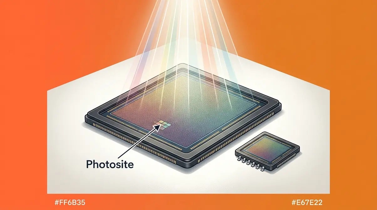 Camera sensor chip showing photosite grid with light rays illustrating how sensors collect light