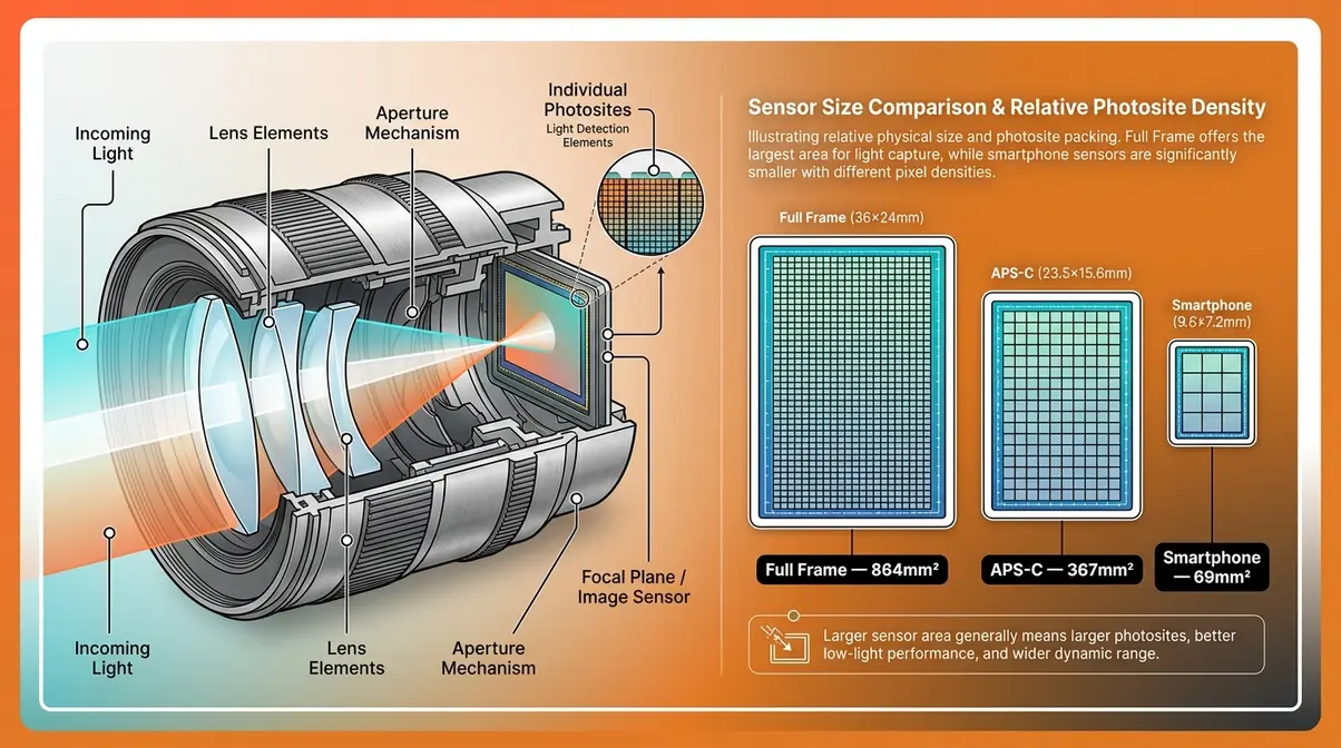 Camera sensor size comparison diagram showing light collection across Full Frame APS-C and smartphone sensors