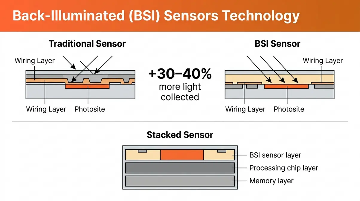 BSI sensor technology diagram comparing traditional versus backside illuminated sensor light collection in smartphones