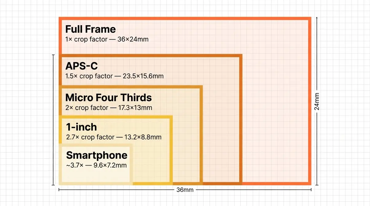 Crop factor chart showing sensor sizes to scale from Full Frame to smartphone nested rectangles