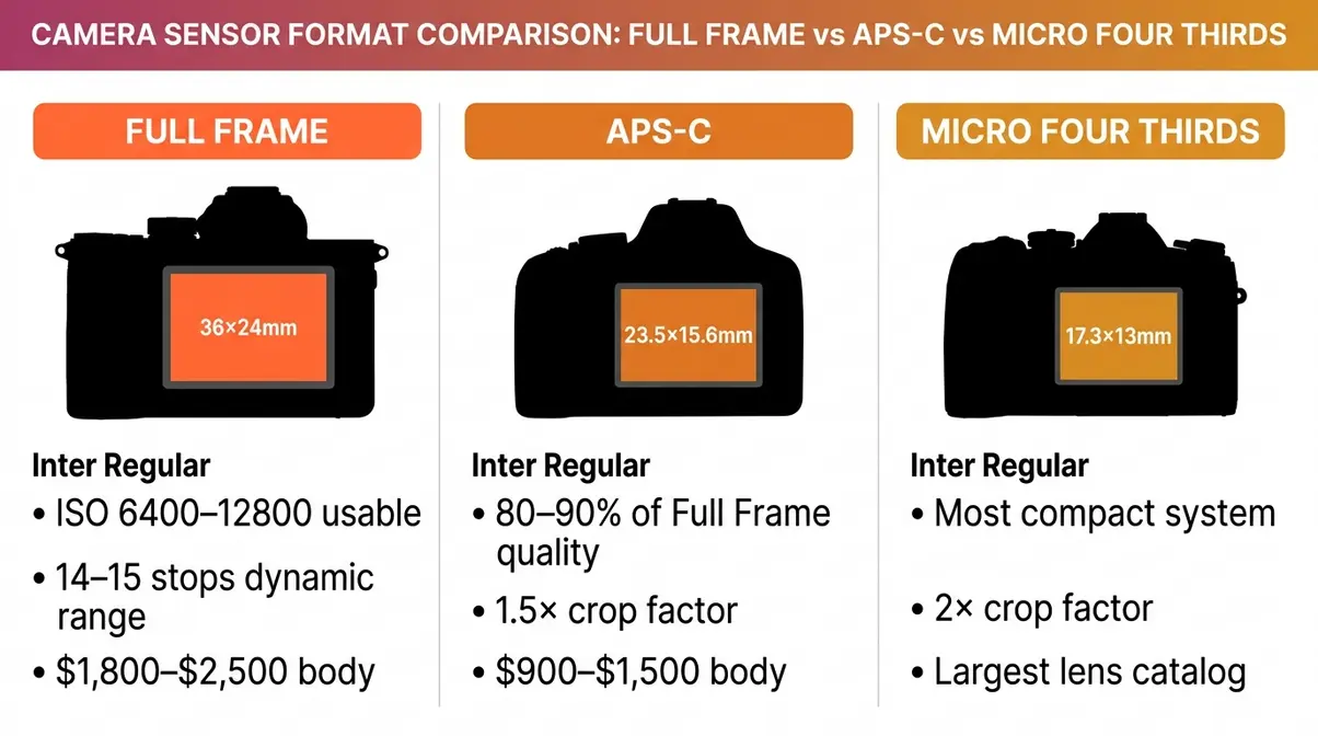 Full Frame versus APS-C versus Micro Four Thirds sensor format comparison with specs and price ranges