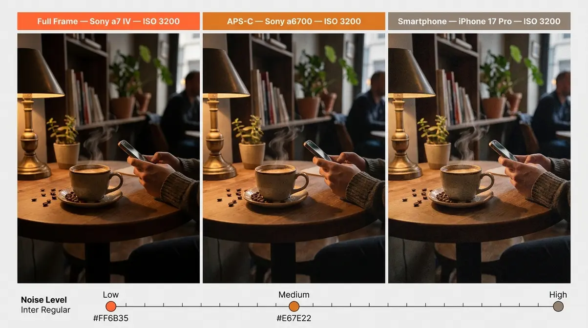 Low light photo comparison across sensor sizes Full Frame APS-C smartphone showing noise difference at ISO 3200