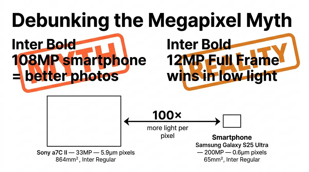 Megapixels versus sensor size infographic showing why 12MP Full Frame outperforms 108MP smartphone in low light