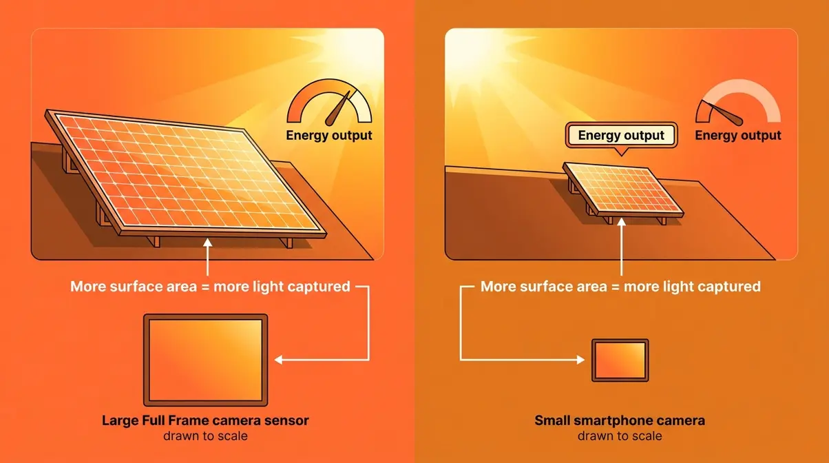 Solar panel analogy comparing large and small camera sensors showing how sensor area determines light collection