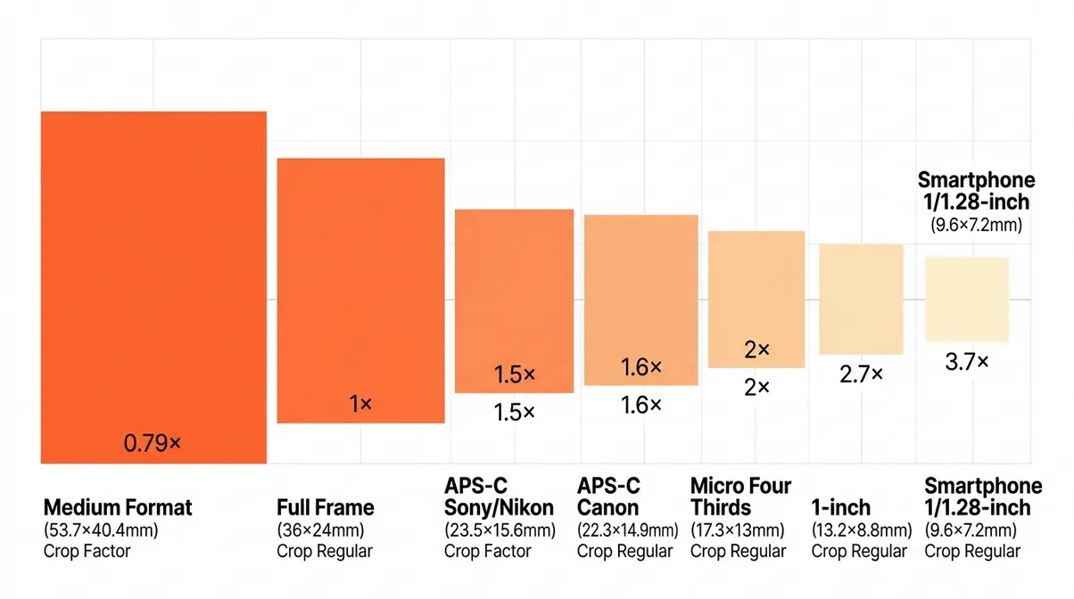 Camera sensor size comparison chart showing all formats from Medium Format to smartphone with dimensions and crop factors