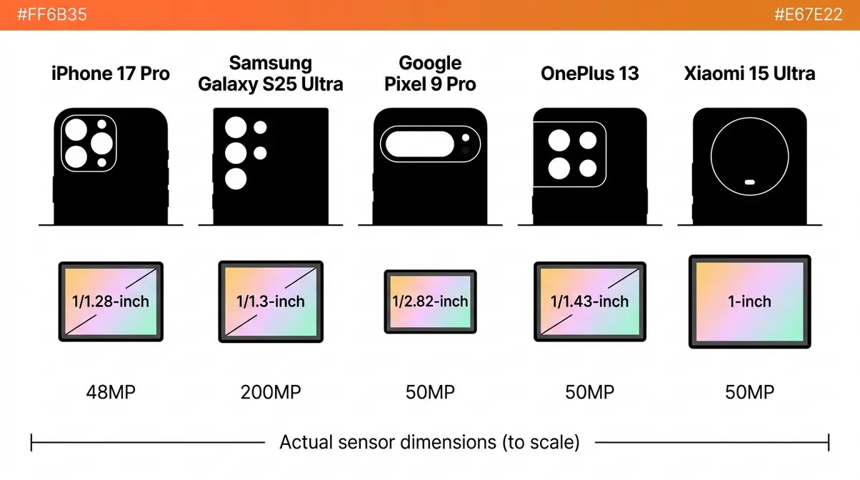Smartphone camera sensor size comparison showing iPhone Android flagship sensor dimensions and megapixels to scale