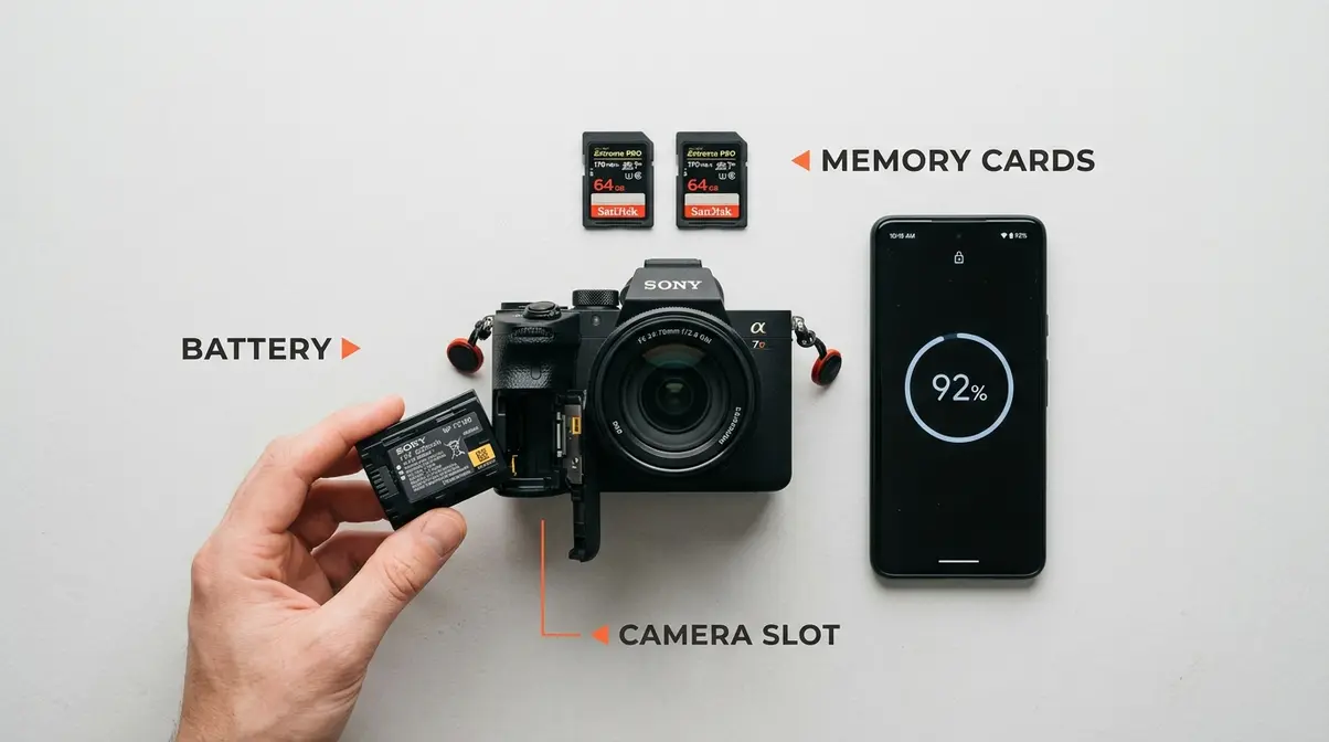 Camera battery and memory card pre-shoot check setup with DSLR and SD cards on clean surface
