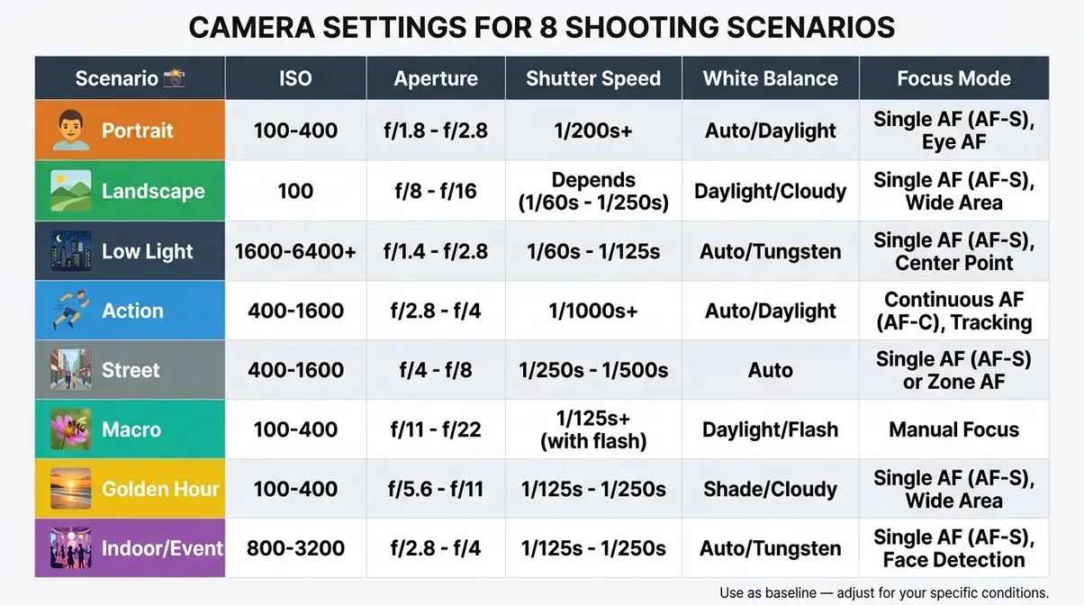Camera settings checklist scenario table showing exact ISO aperture shutter speed values for 8 shooting types
