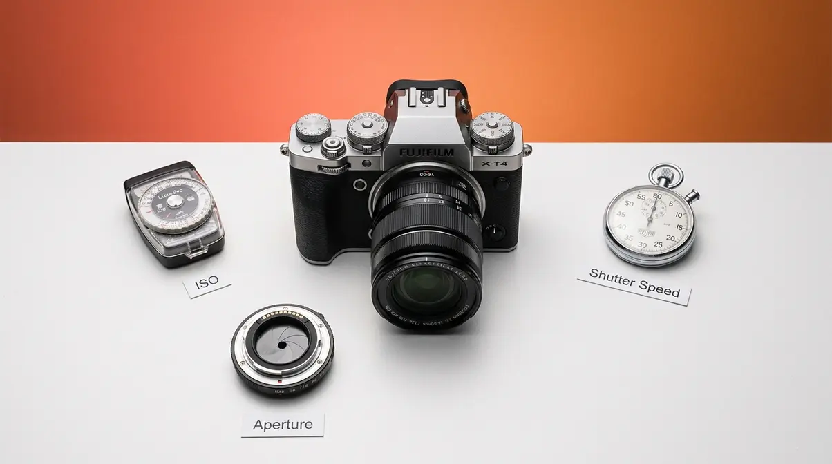 Camera with three exposure triangle elements — ISO dial, aperture ring, and shutter speed control arranged together