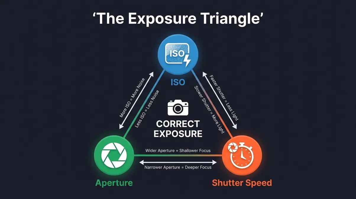 Exposure triangle diagram showing relationship between ISO aperture and shutter speed for beginner camera settings