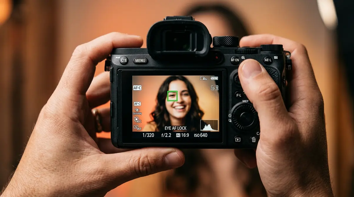 Mirrorless camera rear LCD showing eye-tracking autofocus locked on subject for beginner focus mode settings