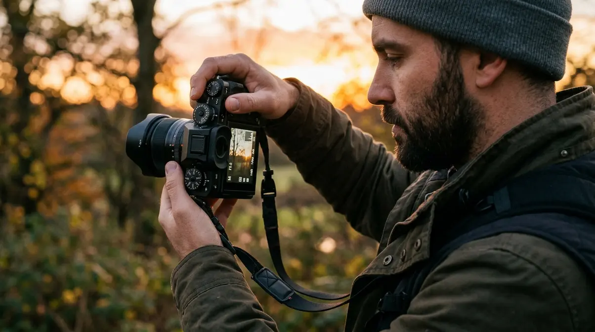 Photographer adjusting camera settings outdoors during golden hour for different shooting scenarios