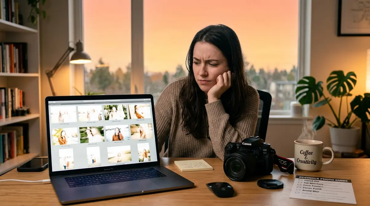 Beginner photographer reviewing blurry overexposed photos on laptop before using camera settings checklist