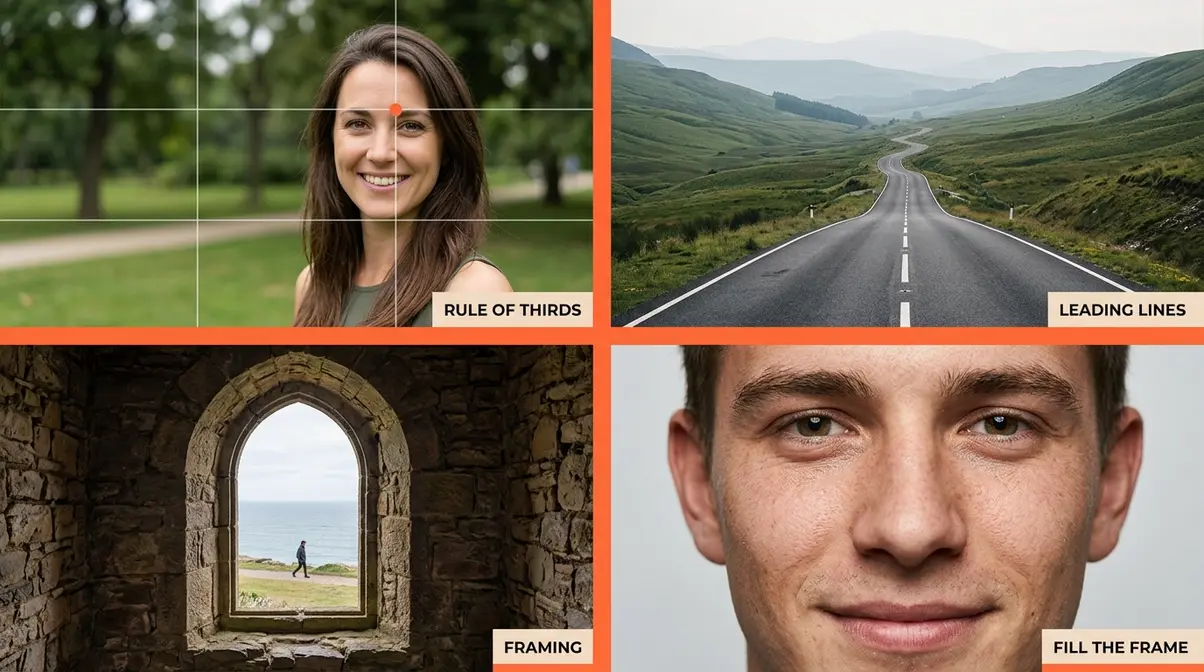 Four photography composition rules illustrated — rule of thirds, leading lines, framing, and fill the frame