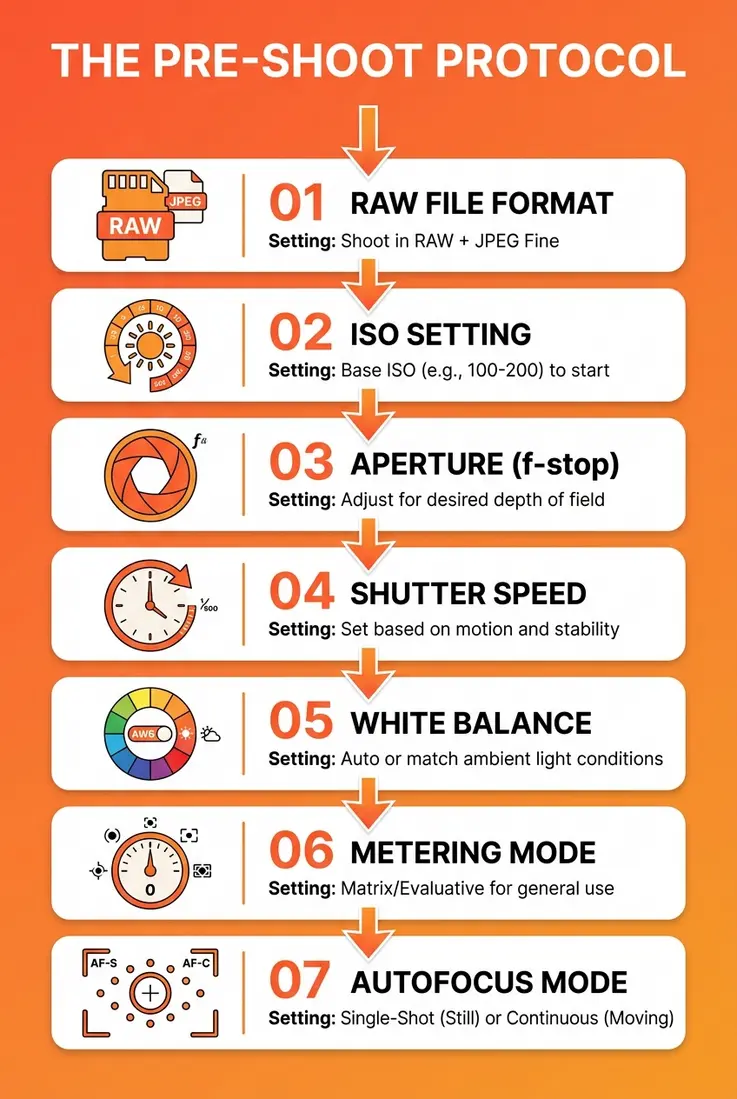 Camera settings checklist pre-shoot protocol 7-step flowchart for beginner photographers