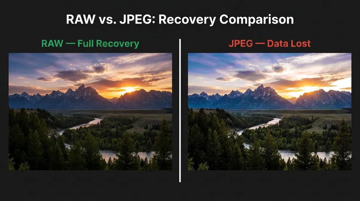 RAW vs JPEG comparison showing recovery flexibility for beginner camera settings