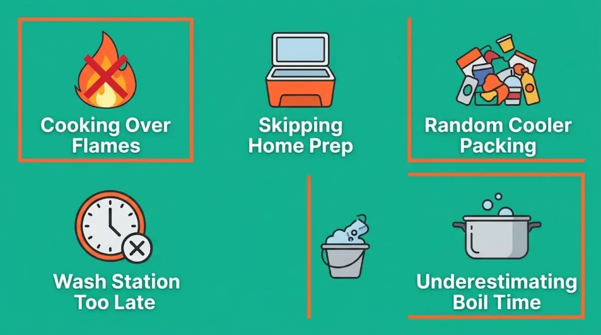 Five common camp cooking mistakes illustrated with icons including open flames and skipping home prep