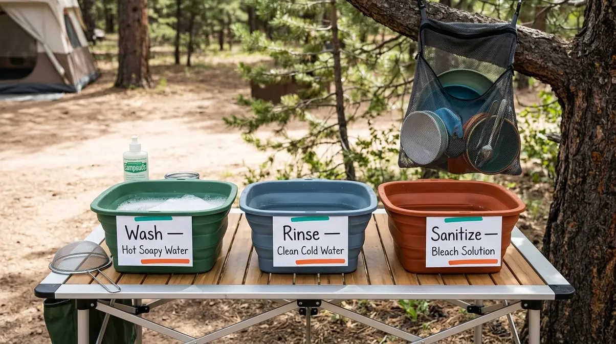 Three-bin camp dish washing system with labeled wash, rinse, and sanitize basins outdoors