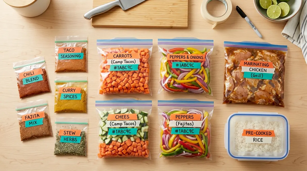 Home kitchen prep station with labeled bags of pre-chopped vegetables and spice blends for camping
