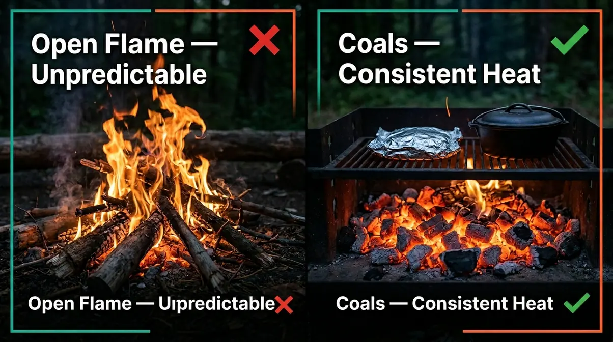 Side-by-side comparison of open flame versus coal bed campfire cooking techniques