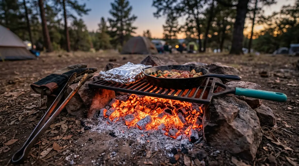 Campfire hot zone with glowing coals and grill grate for controlled camp cooking heat