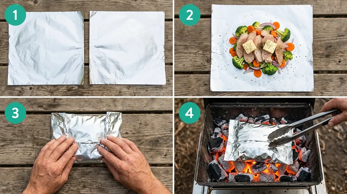 Four-step foil packet camp meal assembly sequence from ingredients to coal cooking