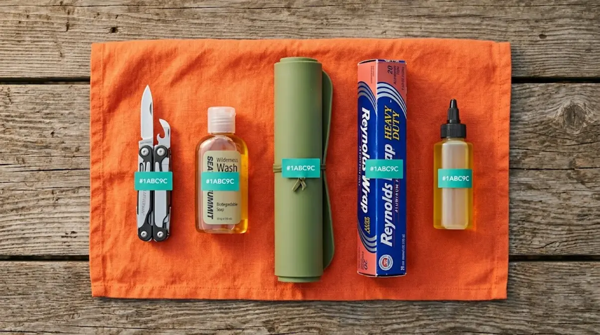 Five most forgotten camp kitchen items including can opener, biodegradable soap, and heavy-duty foil