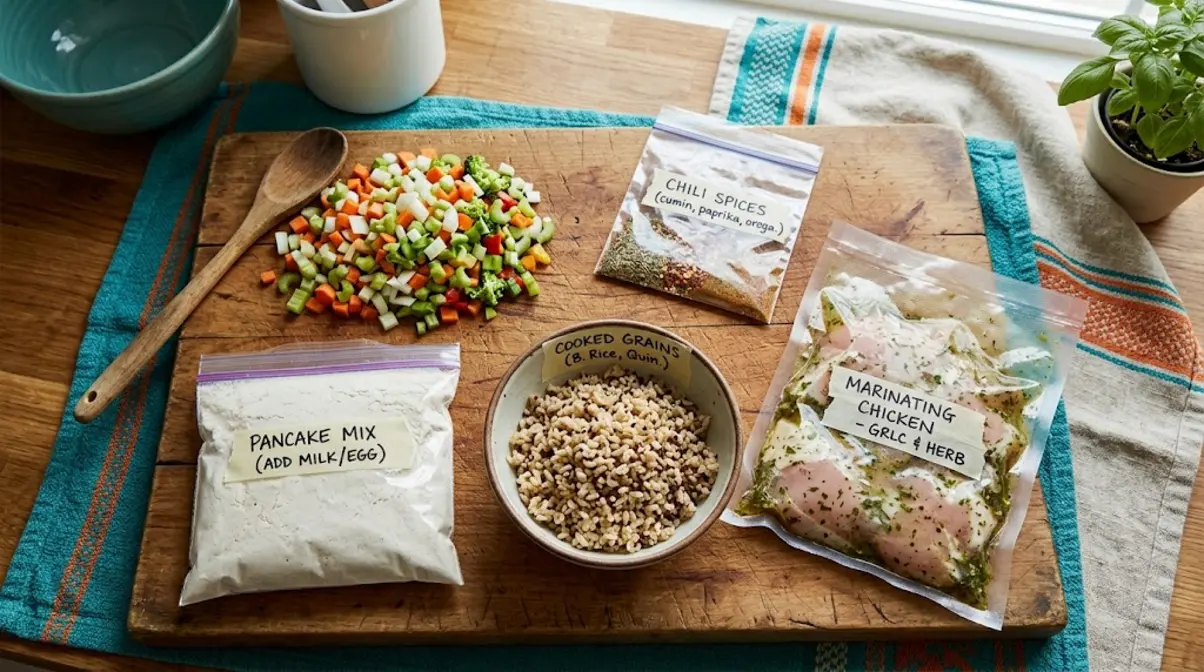 Flat-lay of pre-chopped vegetables, spice blends, and labeled bags for camp meal mise en place