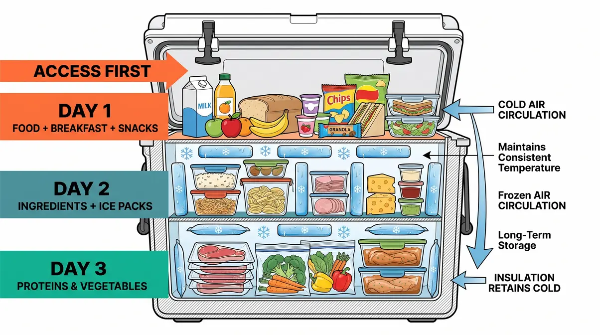 Diagram of camp cooler packed in reverse meal order with Day 1 food on top and Day 3 at bottom