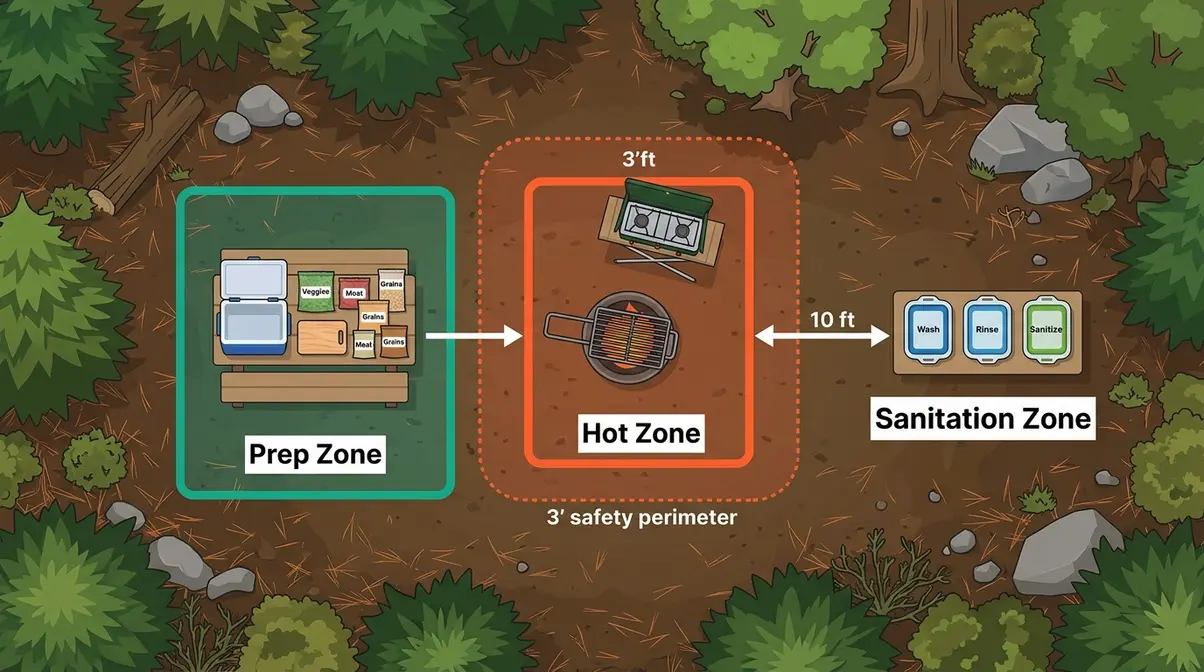 Overhead diagram of three-zone camp kitchen layout showing prep, hot, and sanitation areas