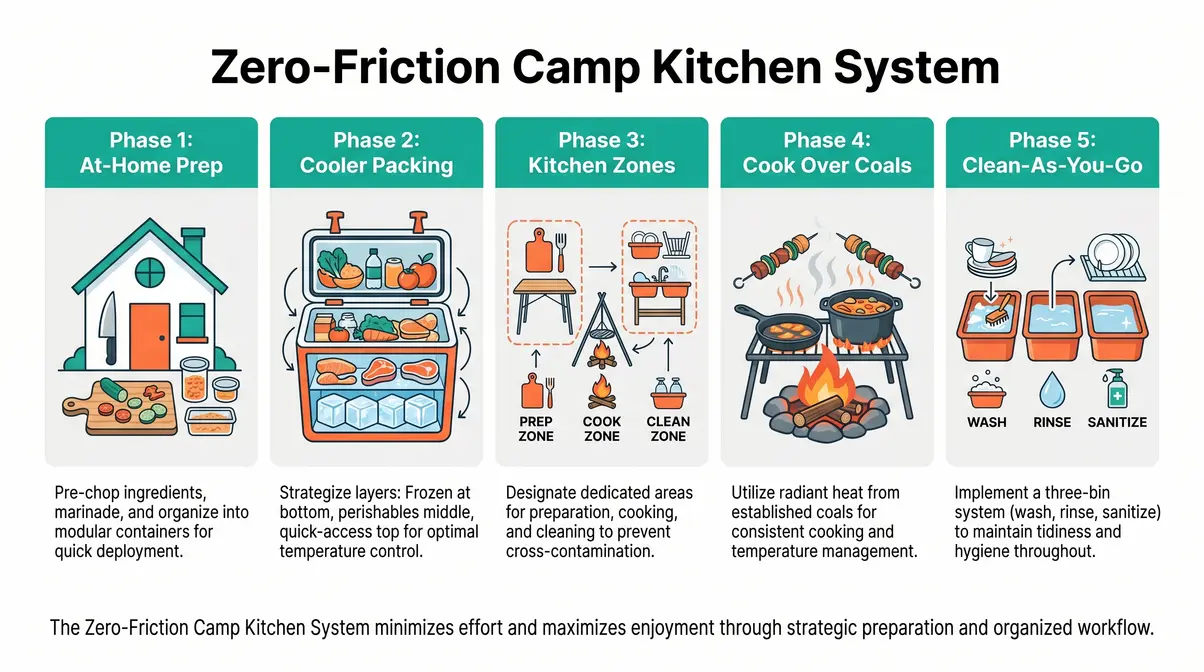 Infographic showing 5 phases of camp cooking workflow from home prep to cleanup