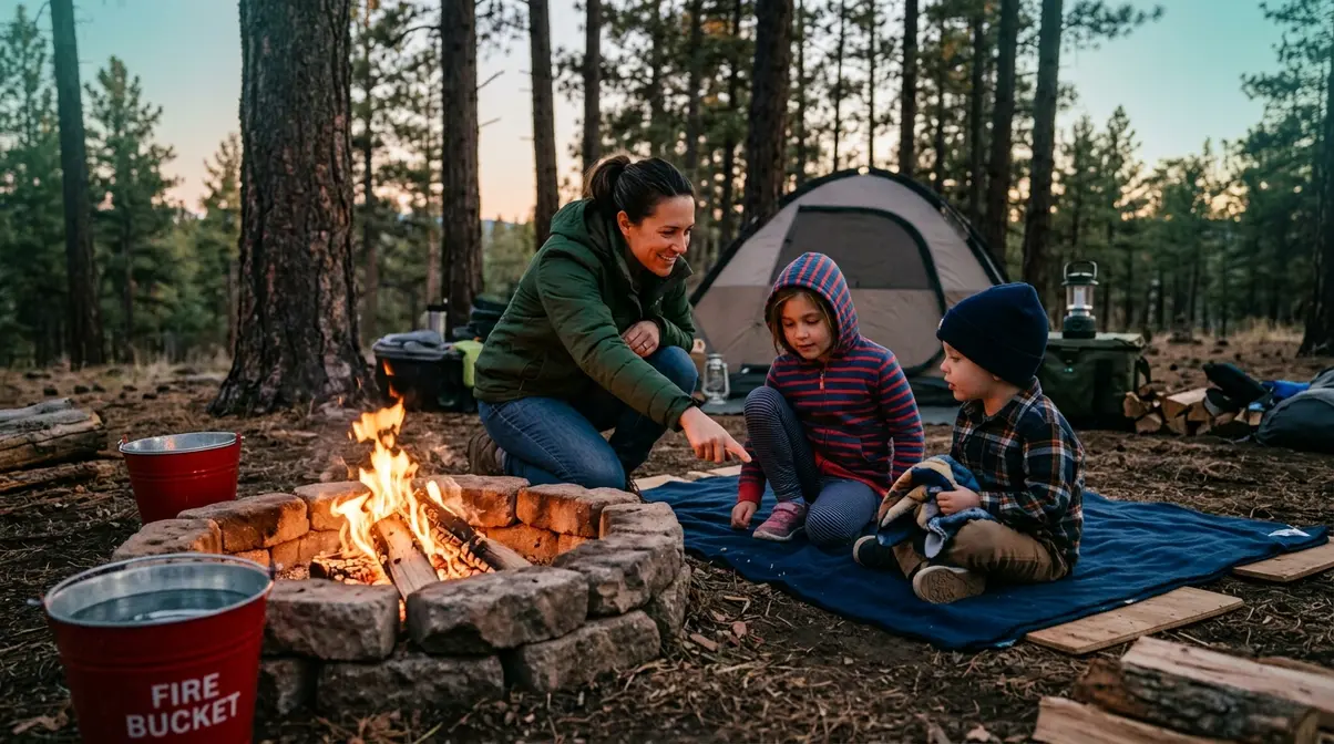 Parent guiding two young children to sit safely three feet from a campfire ring with a water bucket nearby