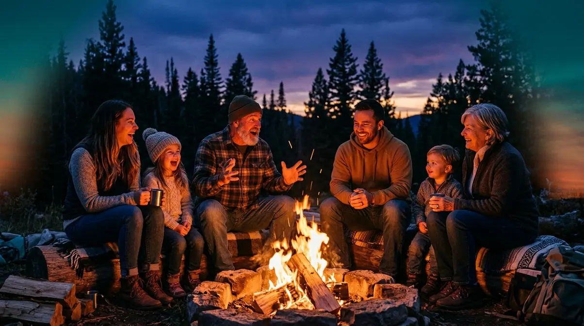Family of three generations listening to a campfire storytelling chain game around a glowing fire at dusk