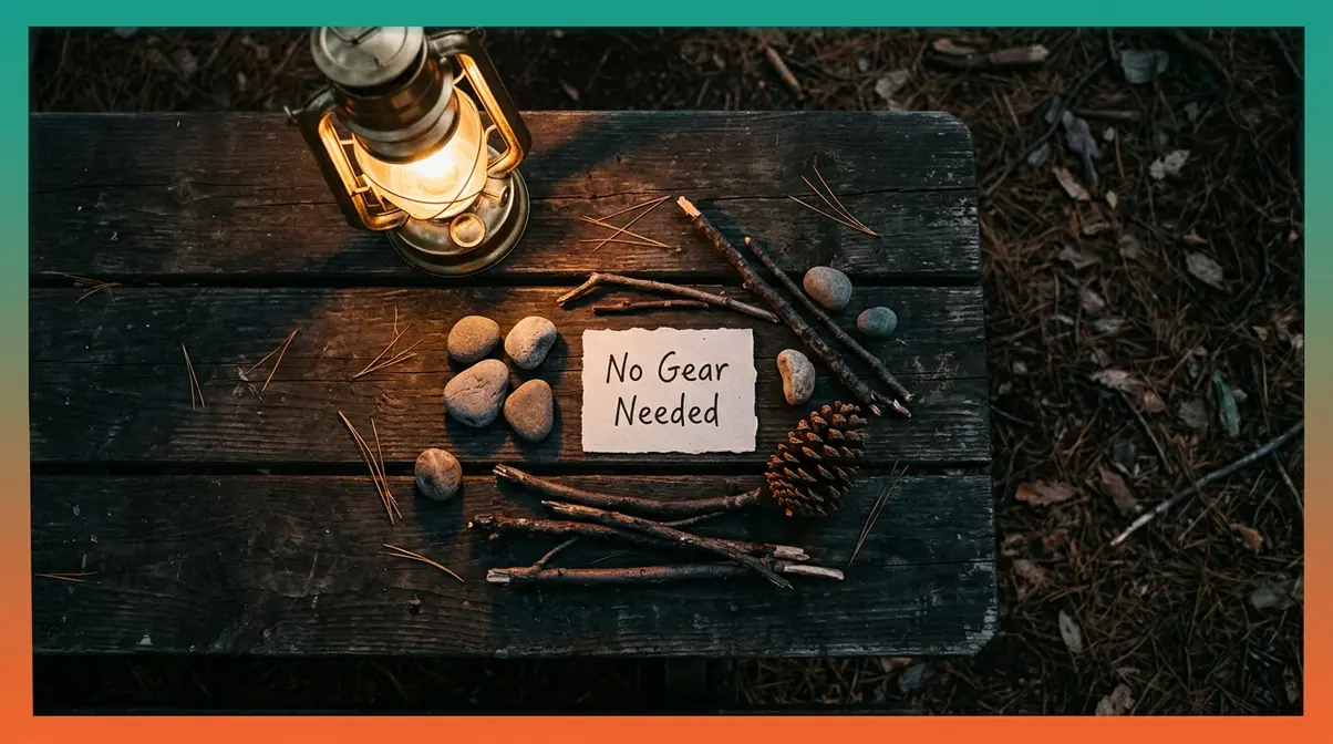 Classic no-prep campfire game essentials — pinecones, sticks, and a lantern on a rustic wooden table at night