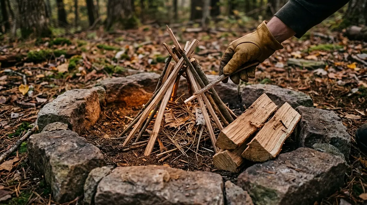 Campfire being built safely inside stone ring showing tinder kindling and fuel wood layers correctly arranged