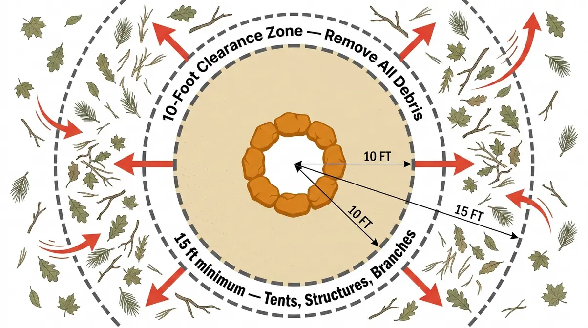 Campfire safety checklist 10-foot radius clearance diagram showing debris removal around fire site