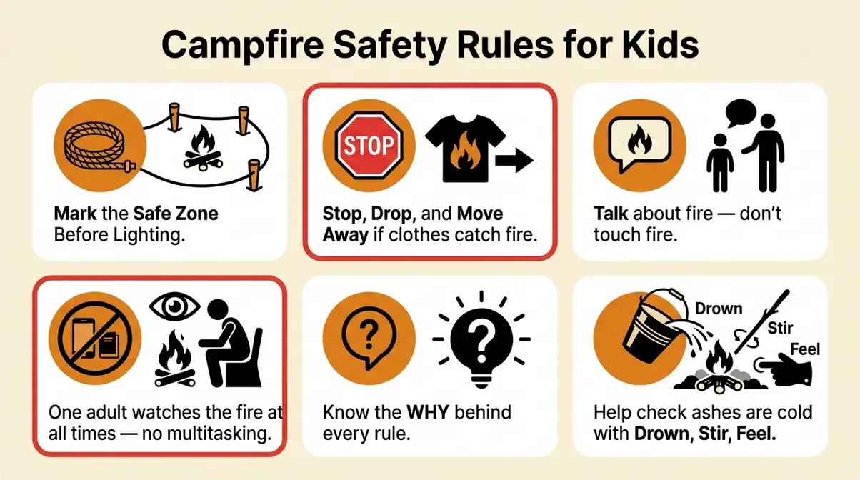 Campfire safety for kids visual guide showing six safe zone rules for children around a campfire