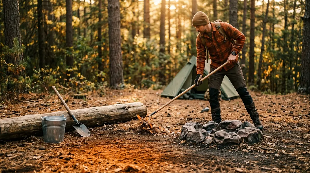 Camper raking debris from campfire site clearing 10-foot radius around stone fire ring for safety