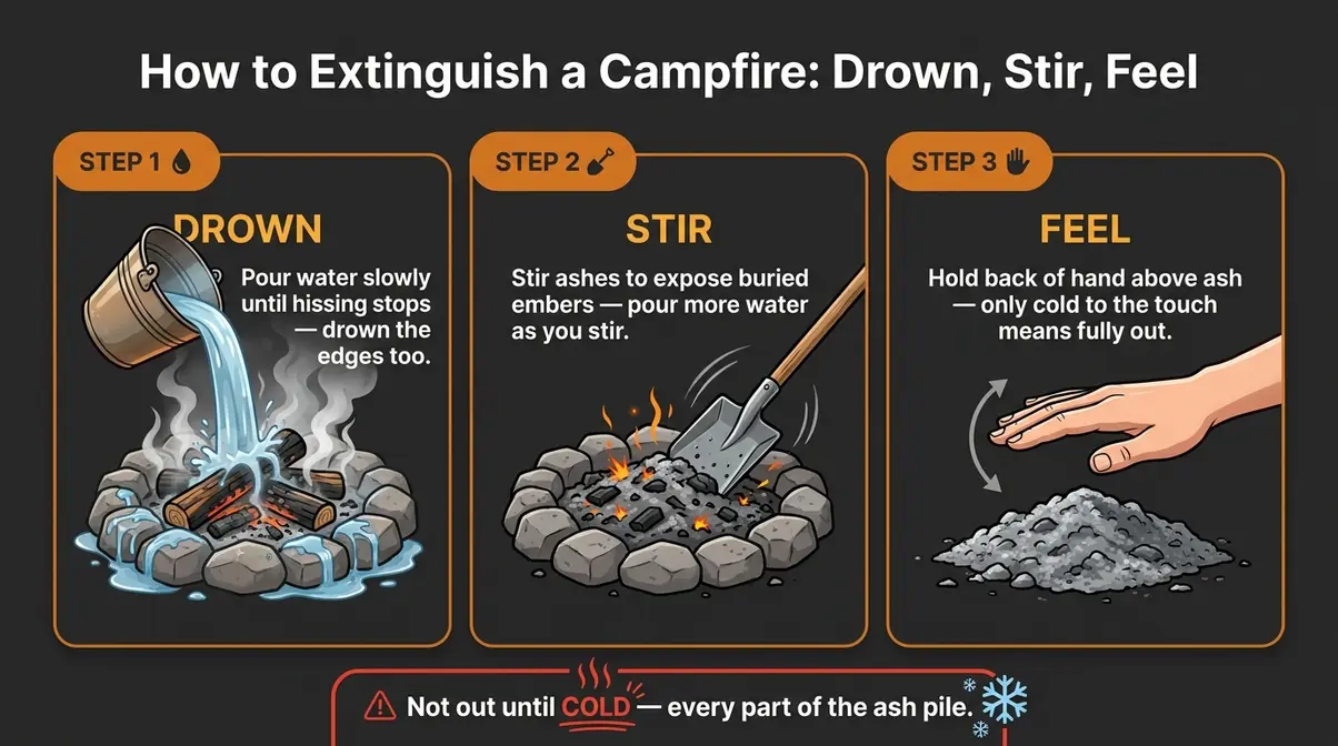 Campfire safety checklist drown stir feel method three steps to extinguish campfire correctly