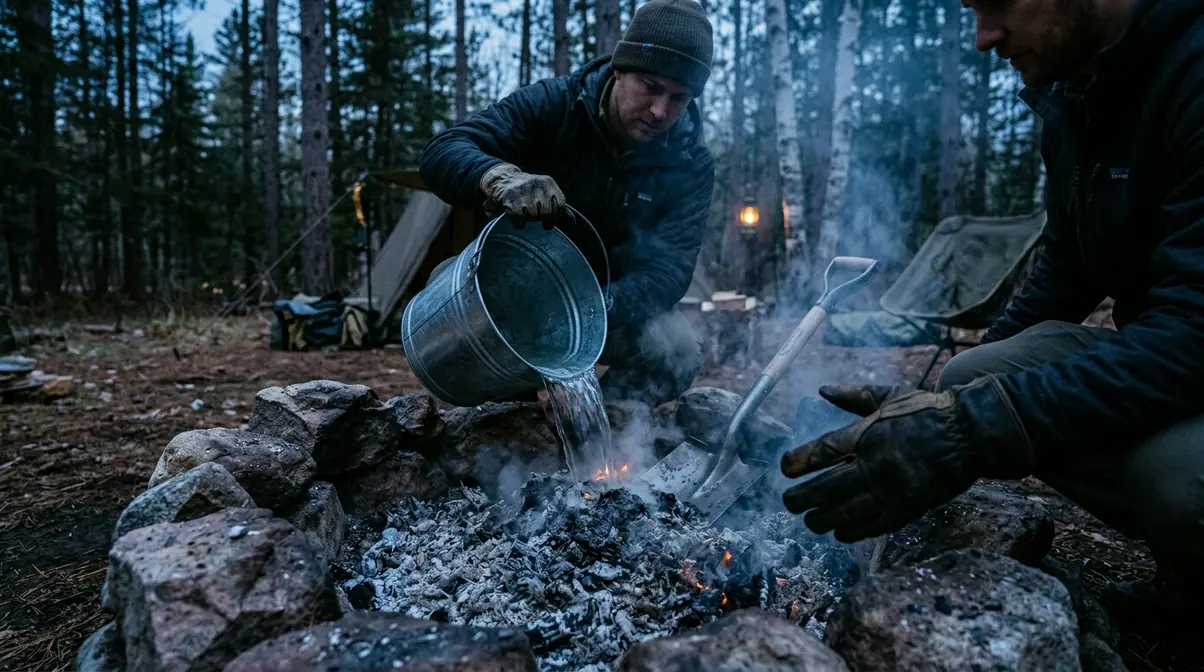 Camper extinguishing campfire with water and shovel using Drown Stir Feel method on wet ash pile