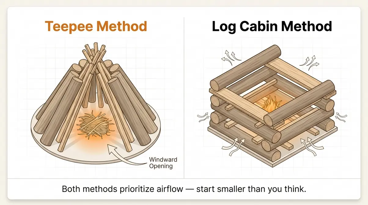 Campfire safety checklist fire building teepee and log cabin method step-by-step diagram comparison