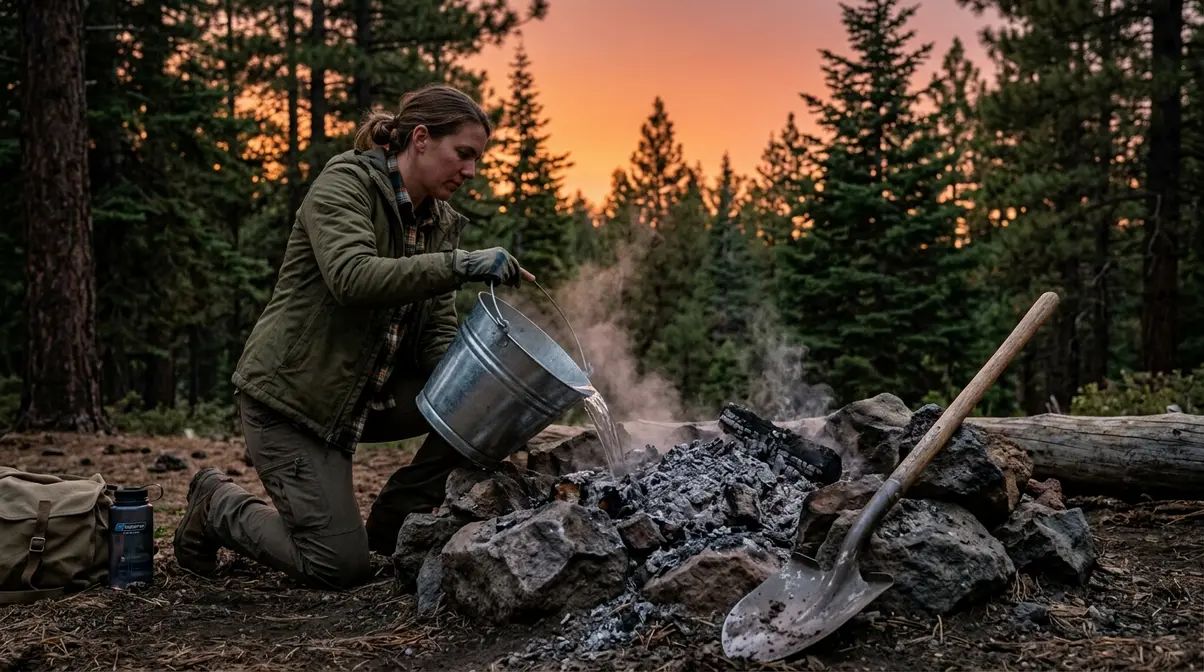 Camper pouring water onto campfire ash during the Drown Stir Feel extinguishing process with steam rising from fire ring