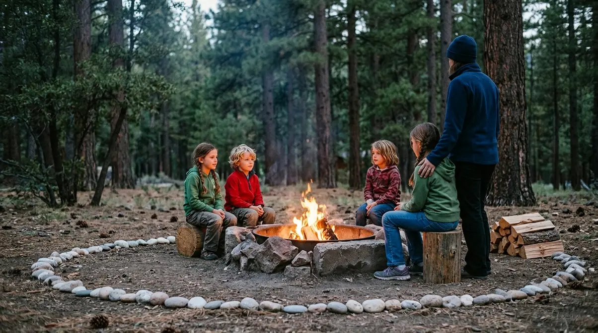 Children seated safely outside a 10-foot boundary circle from a campfire with parent supervising family campfire safety rules