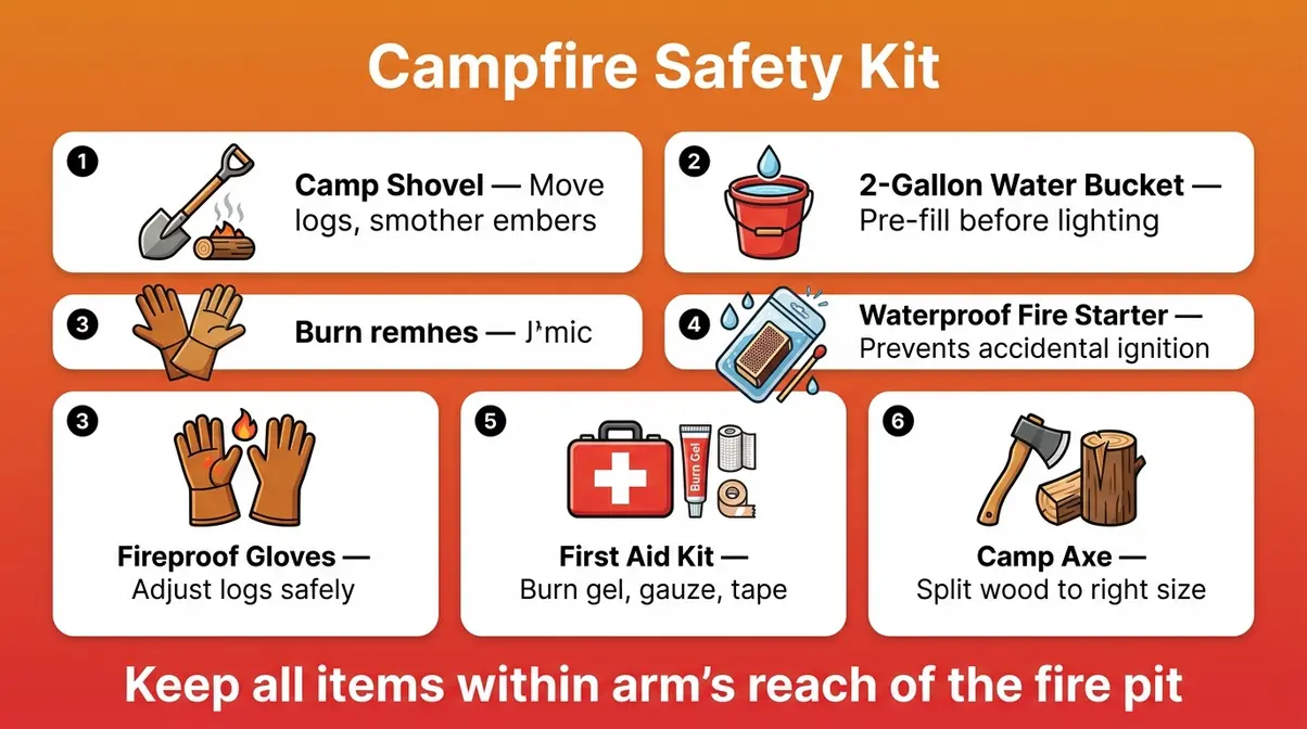Illustrated campfire safety kit showing shovel, bucket of water, fireproof gloves, and first aid supplies for campers