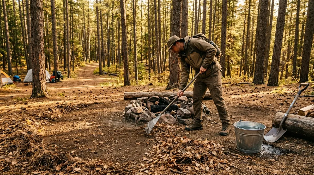Camper clearing dry leaves around a stone fire ring during essential campfire site preparation in a pine forest
